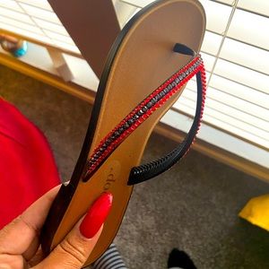 CUSTOM red and black flip flops! Hand laid rhinestone crystals. neolaknows